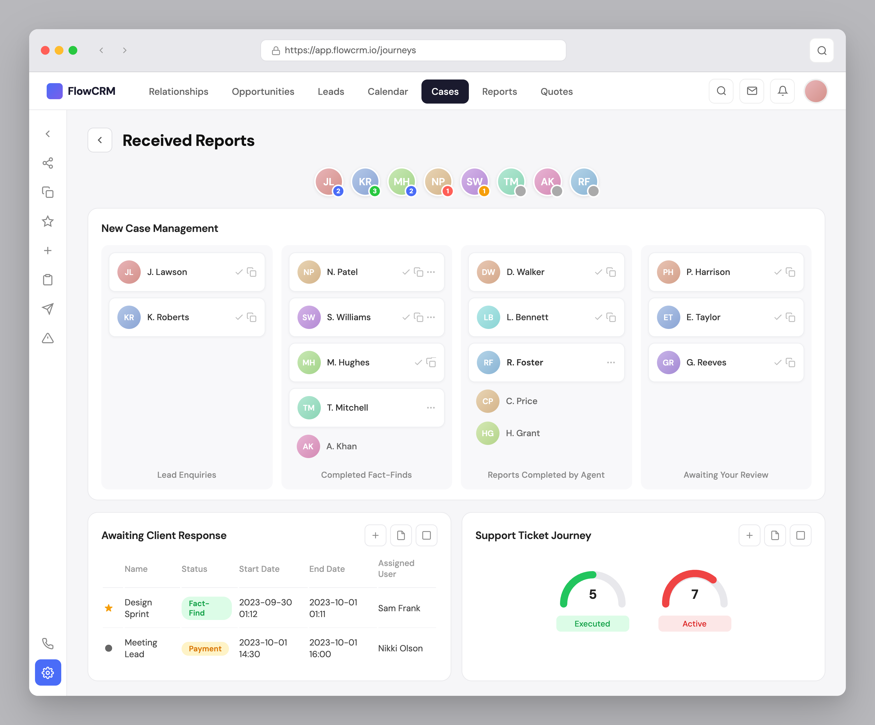 CRM dashboard showing workflow stages — lead enquiries, completed fact-finds, reports completed by agent, and awaiting your review